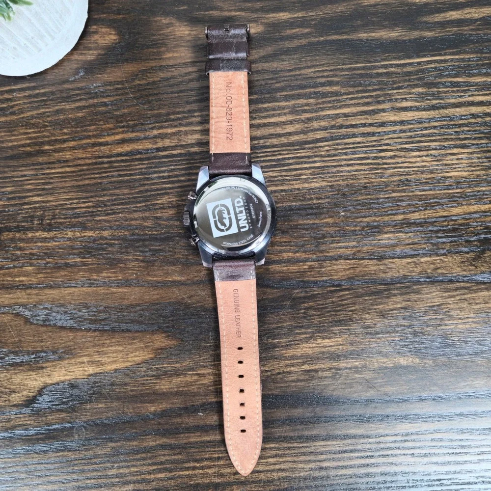 Y2K Marc Ecko UNLTD Watch E16503G2 Chocolate Brown Leather Stainless Steel Logo